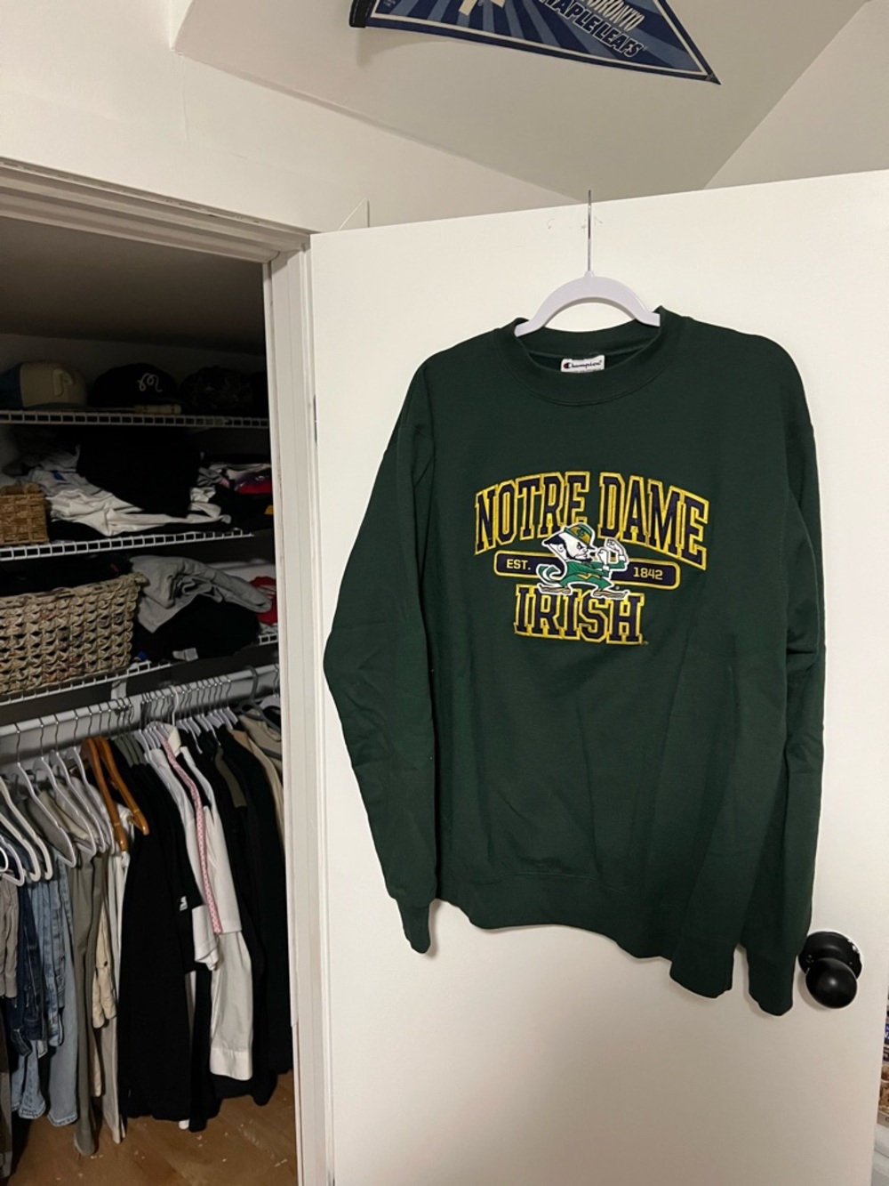 Champion Dark Green Sweatshirt with Yellow and Navy Notre Dame Graphic
